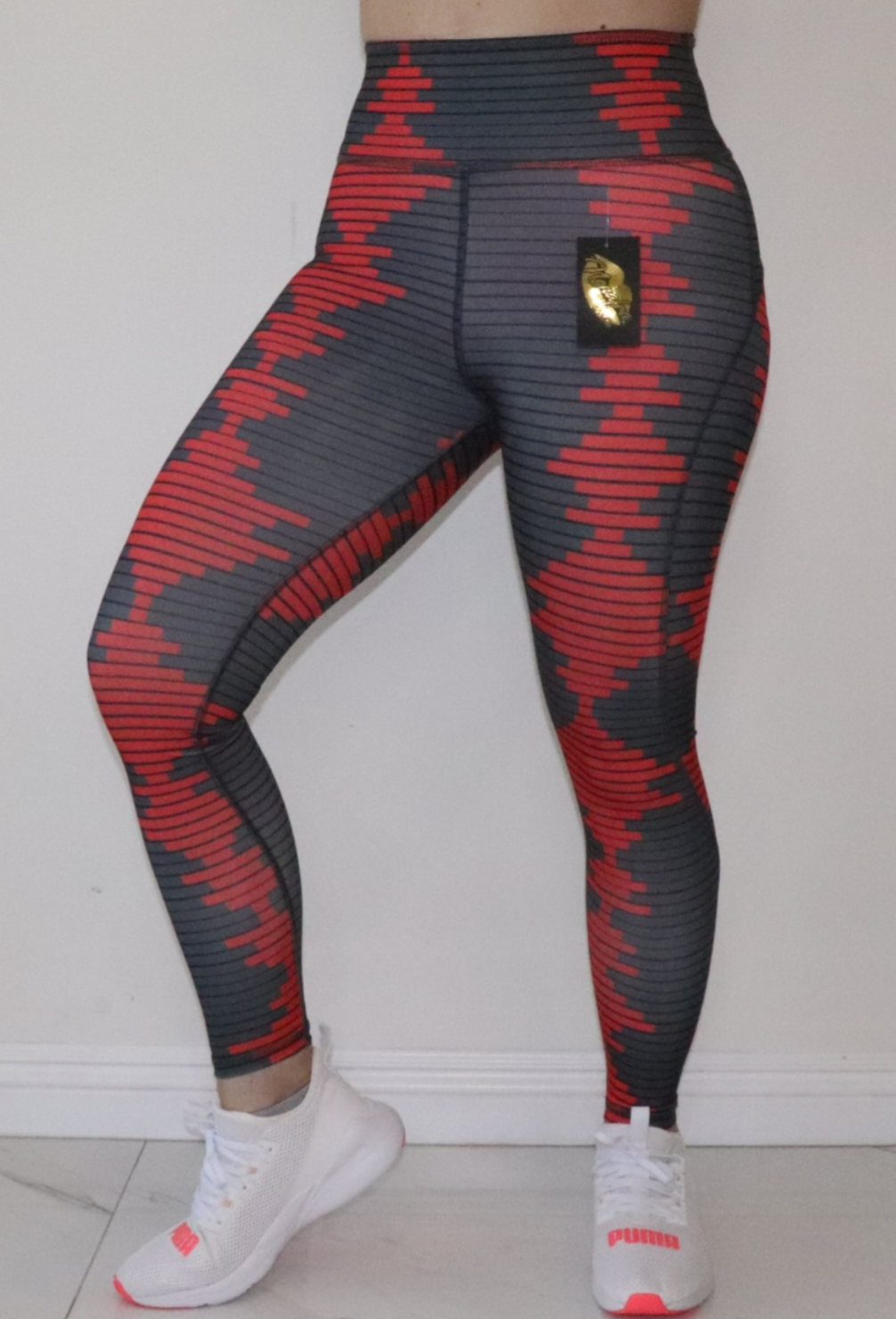 High waisted work out leggings -Red/black - 05