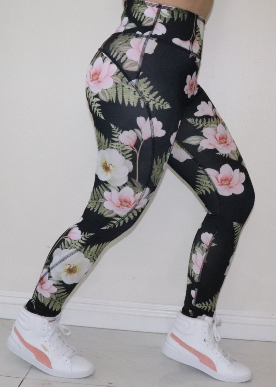 High waisted work out leggings - Pink flowers - 07
